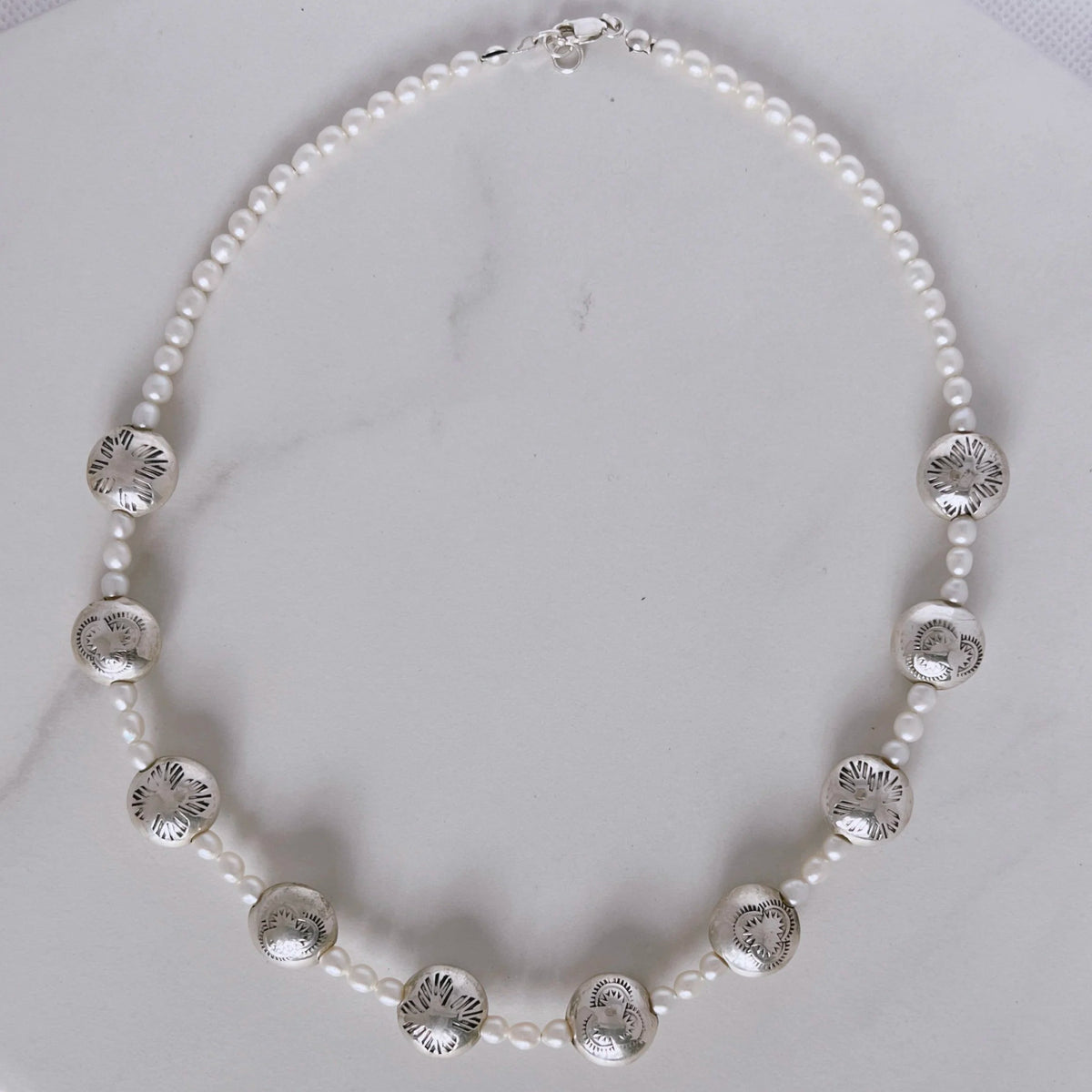 Dineh - Navajo Pearl Coin necklace with White Pearls