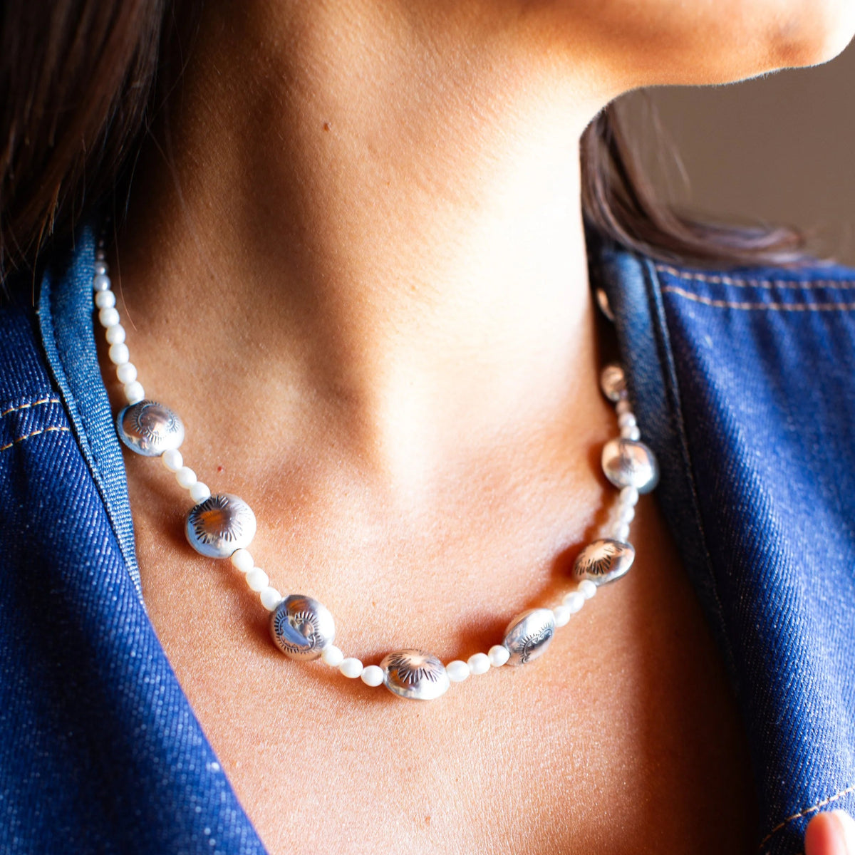 Dineh - Navajo Pearl Coin necklace with White Pearls