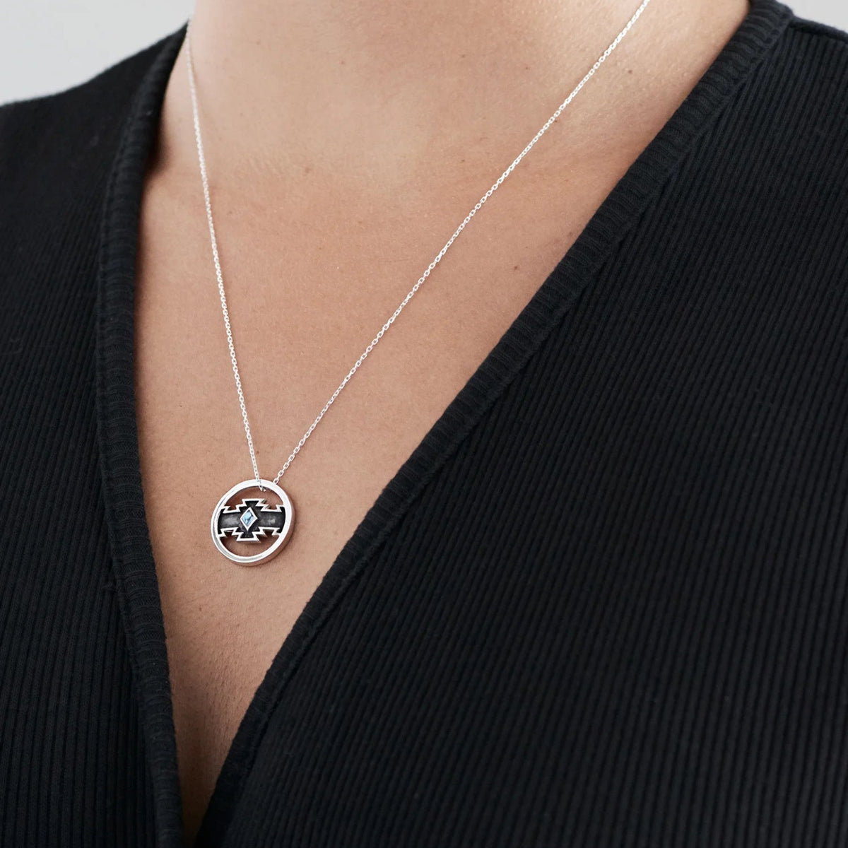 Dineh - Sterling Silver Cedar Disc Necklace (w/Sleeping Beauty Turquoise)
