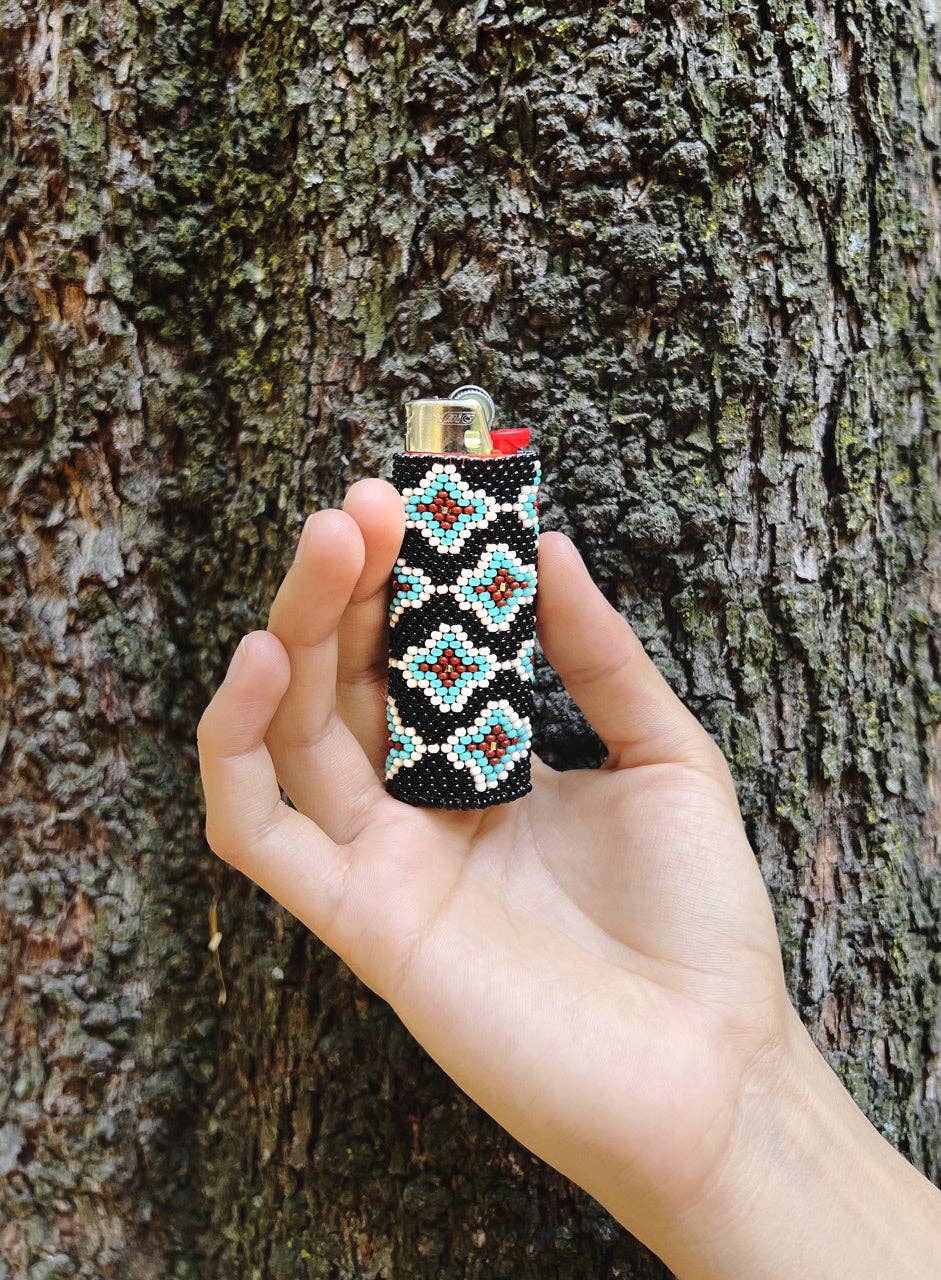 Chocolate Mint Chip - Beaded Lighter Case in Black & Teal