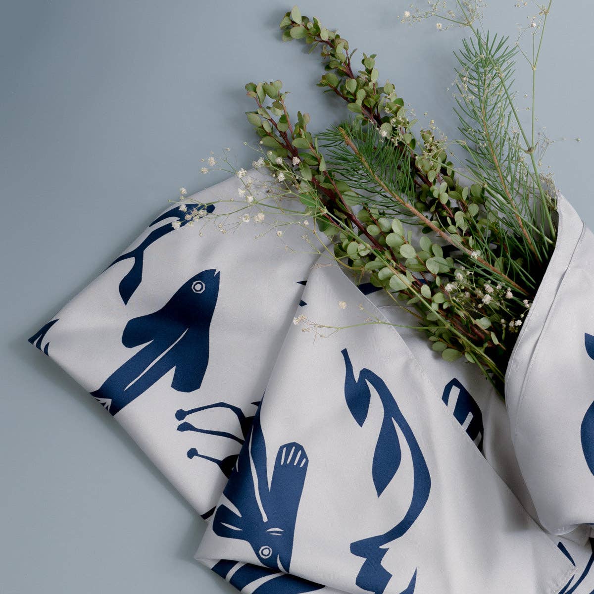 Light Grey Flying Fish and Dove Hand Printed 100% Silk Scarf