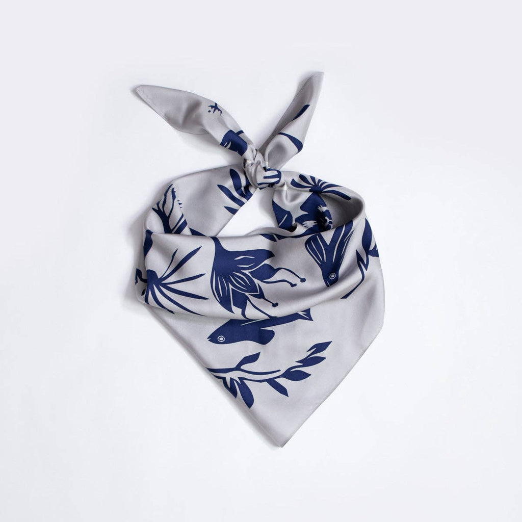 Light Grey Flying Fish and Dove Hand Printed 100% Silk Scarf