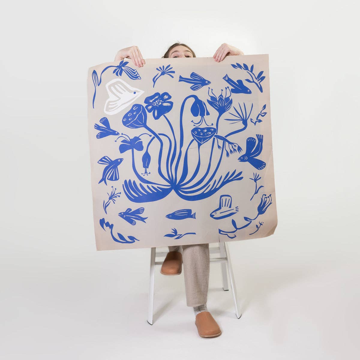 Light Grey Flying Fish and Dove Hand Printed 100% Silk Scarf