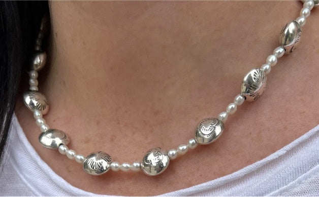 Dineh - Navajo Pearl Coin necklace with White Pearls