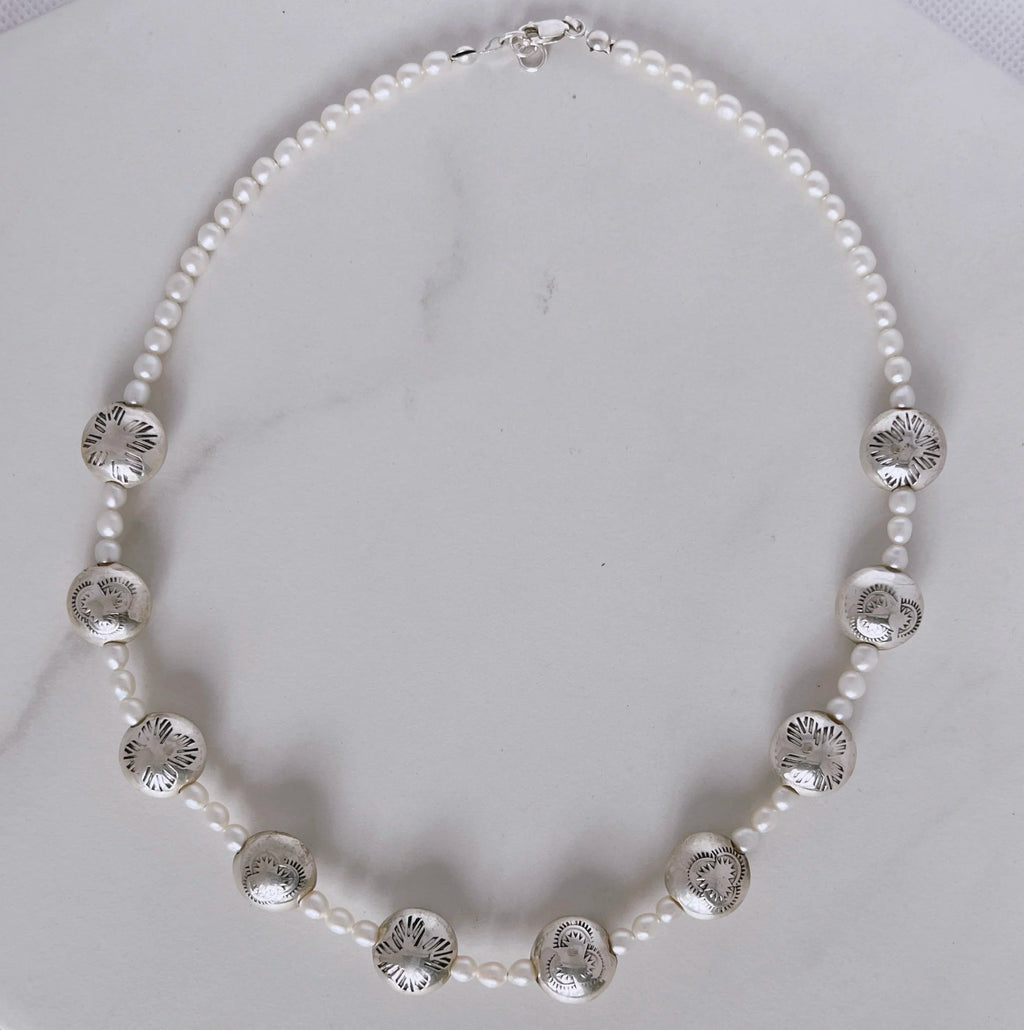 Dineh - Navajo Pearl Coin necklace with White Pearls