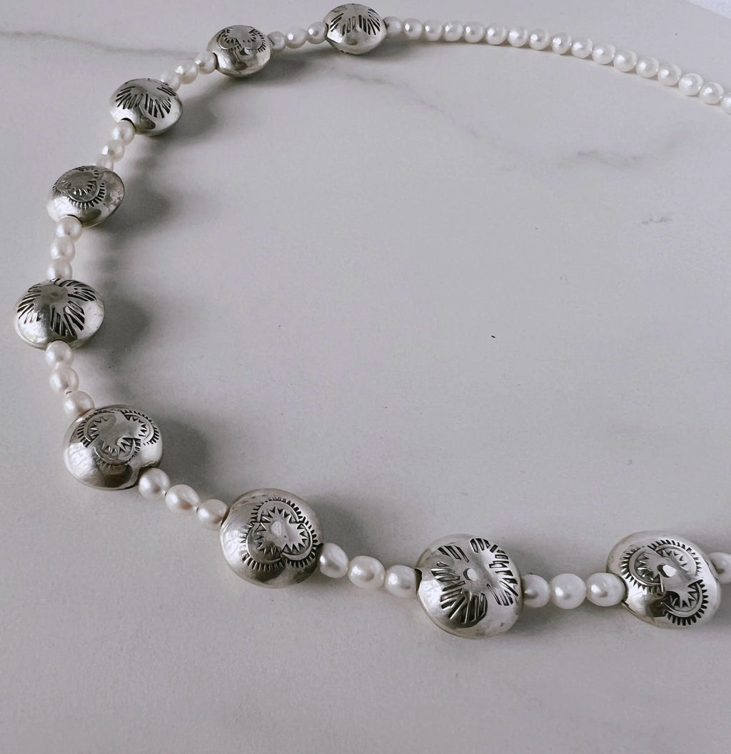 Dineh - Navajo Pearl Coin necklace with White Pearls