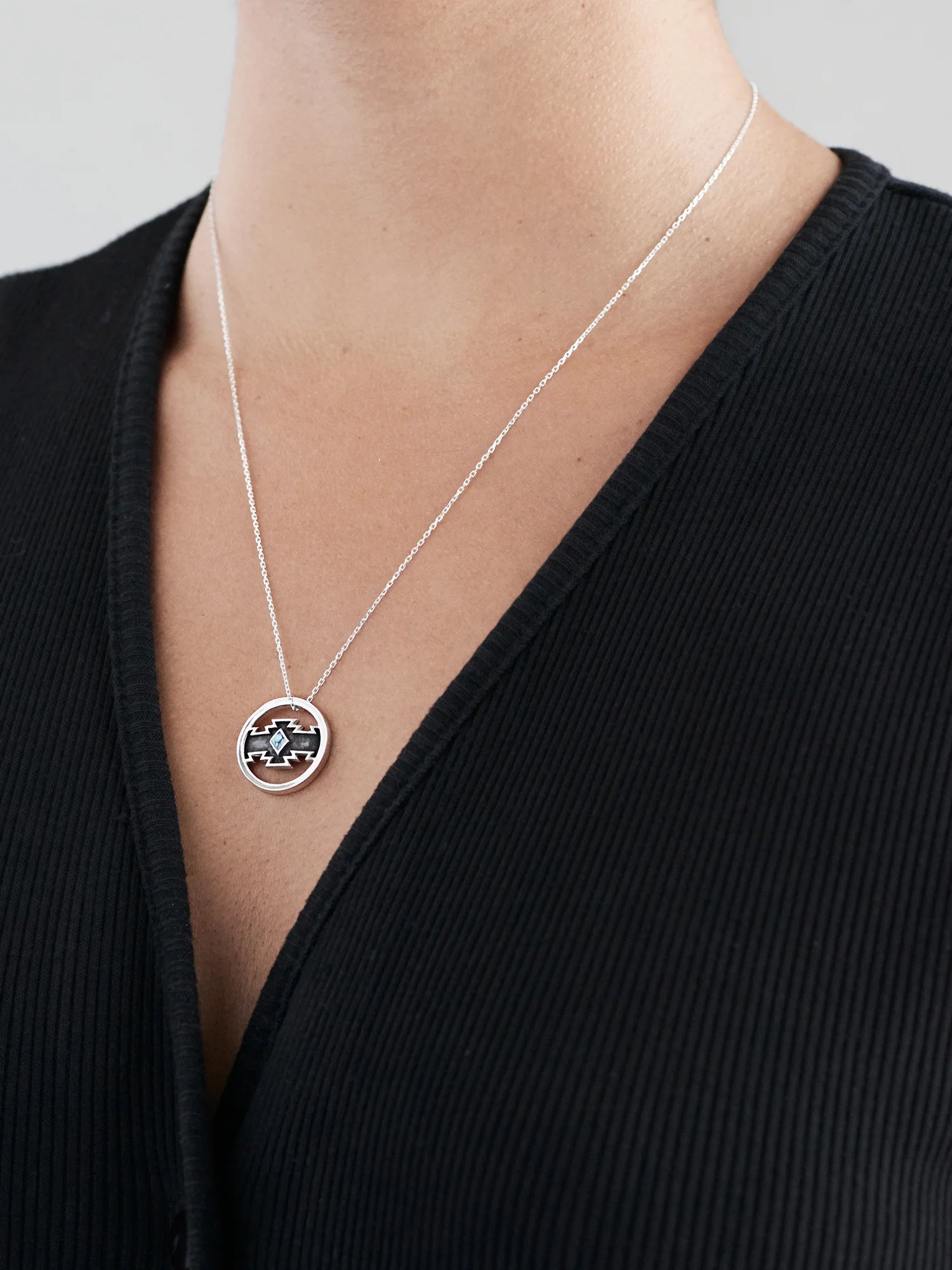 Dineh - Sterling Silver Cedar Disc Necklace (w/Sleeping Beauty Turquoise)