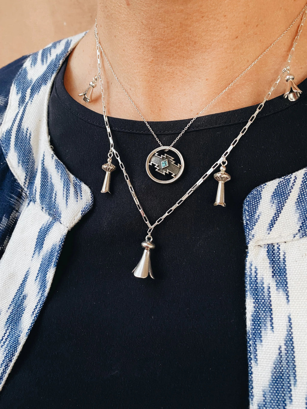 Dineh - Sterling Silver Cedar Disc Necklace (w/Sleeping Beauty Turquoise)