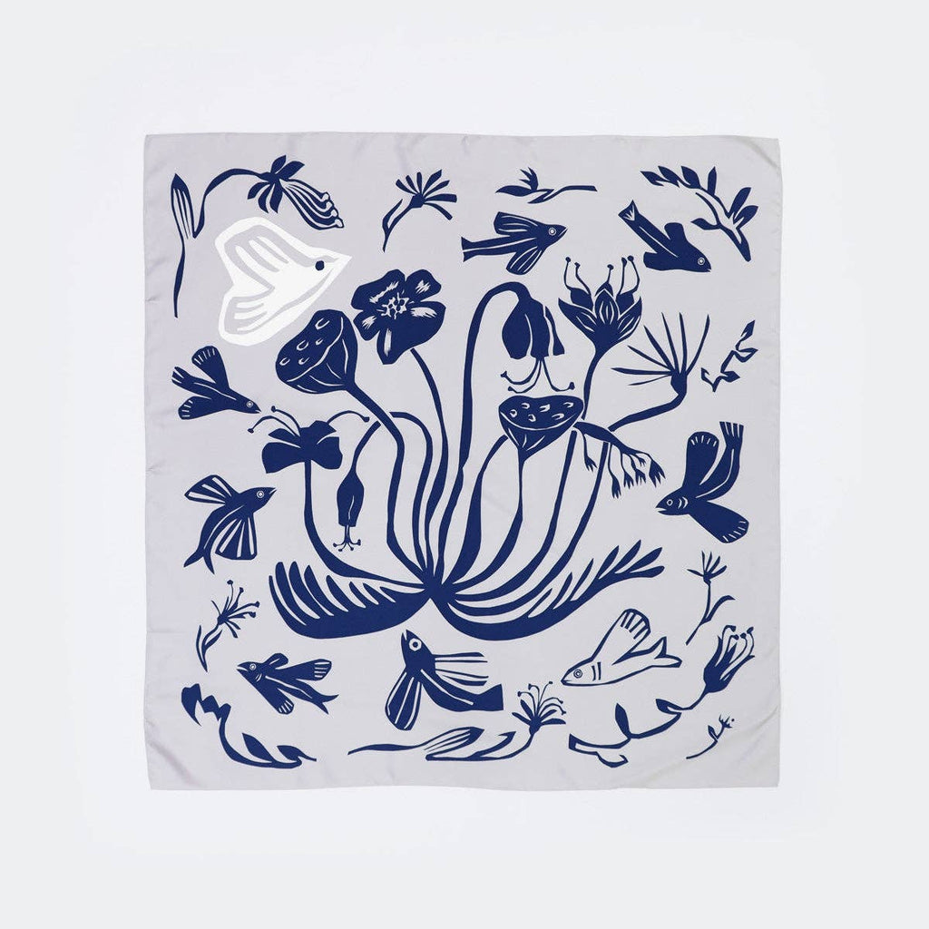 Light Grey Flying Fish and Dove Hand Printed 100% Silk Scarf
