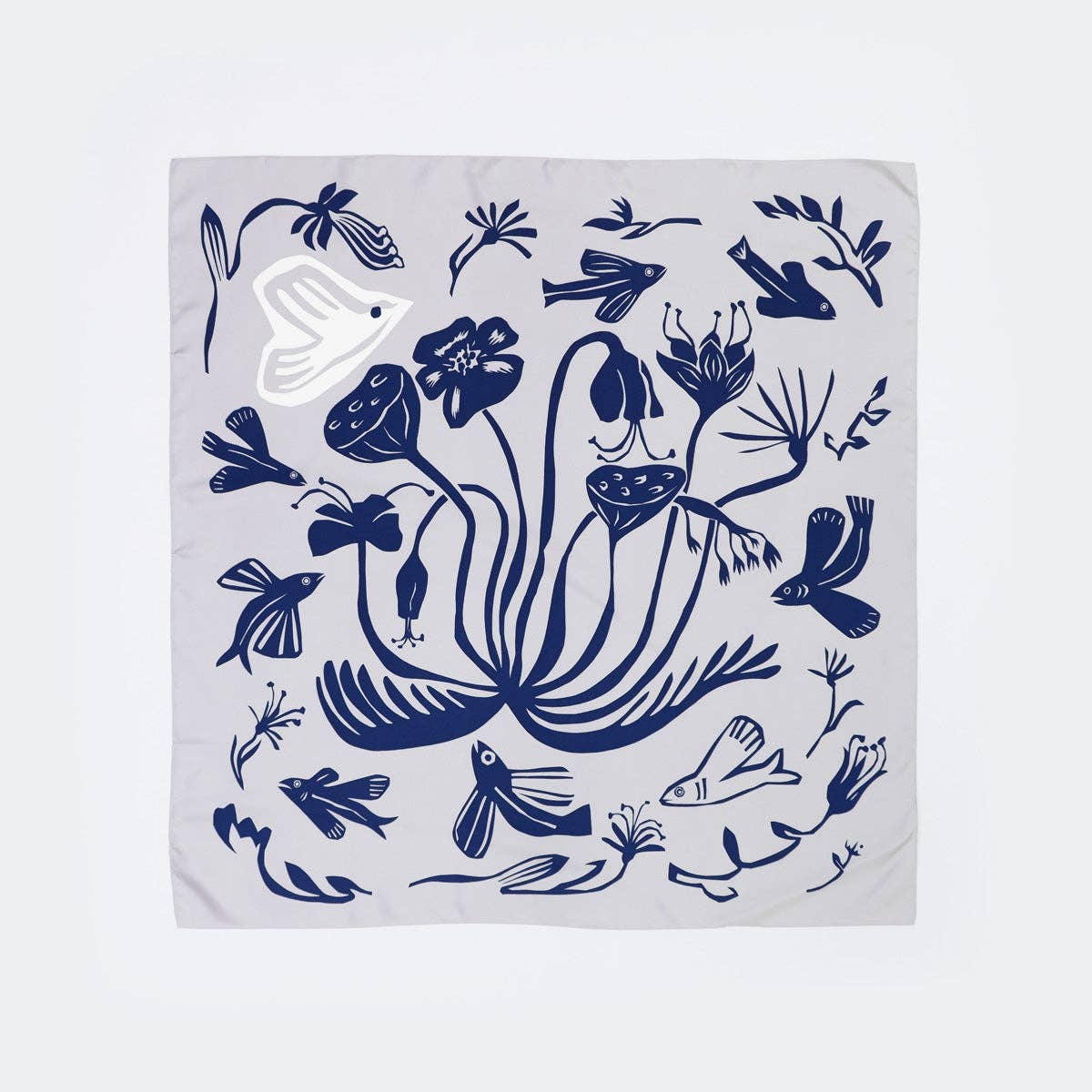 Light Grey Flying Fish and Dove Hand Printed 100% Silk Scarf