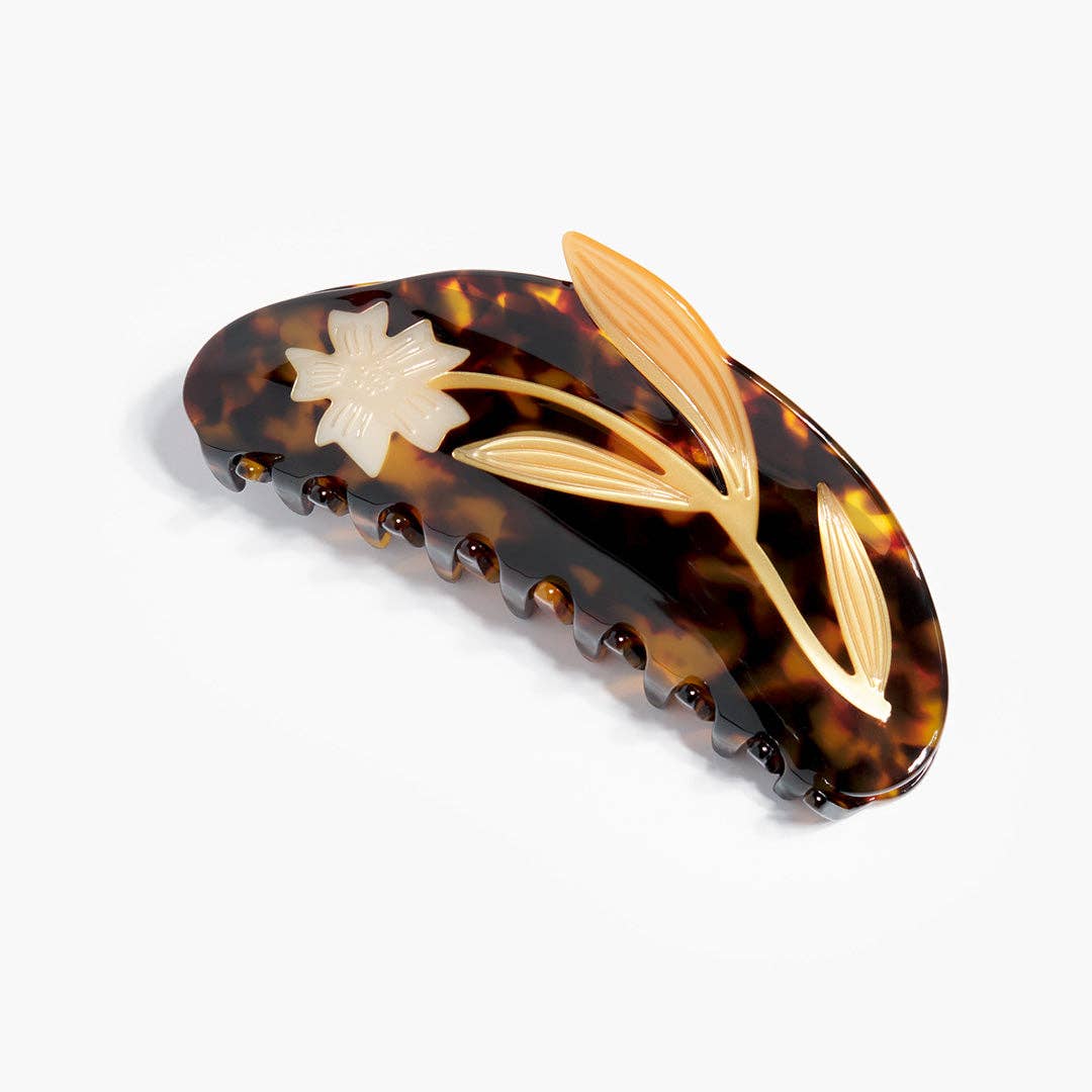 Flax Long Claw - White Flower in Tortoise Acetate Large Clip